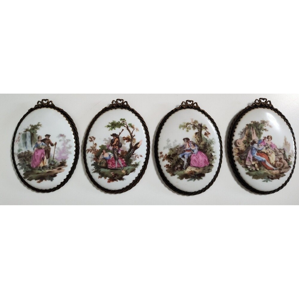 Limoges Victorian Hand Painted Porcelain Wall Plaques Brass Trim  Courting Scene